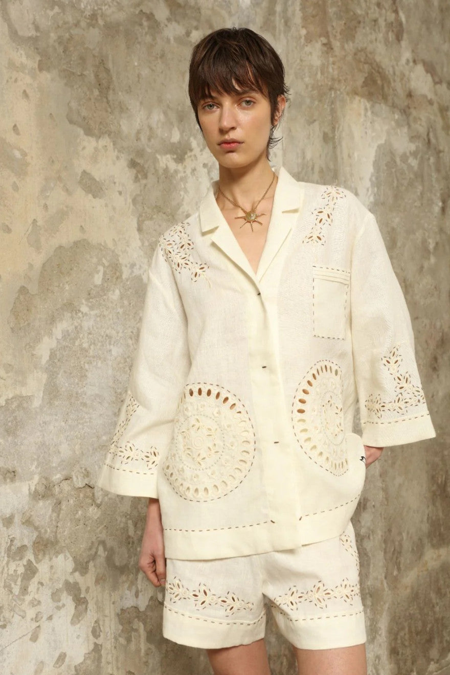 Sarah Bernhardt ivory linen suit - hand-cut lace and embroidery detail