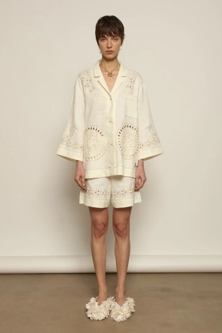 Sarah Bernhardt ivory linen suit - inlaid beads and premium buttons detail
