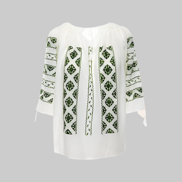 Ie Tradițională Mânecă Scurtă cu Broderie Geometrică din Mătase Verde-Emerald Lucrată Manual