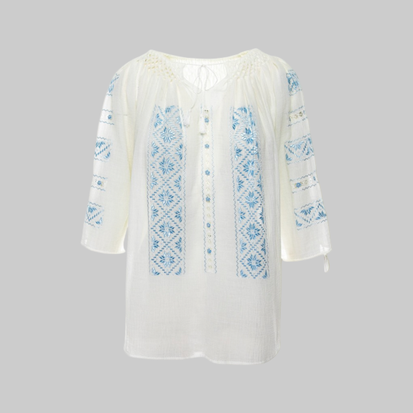 Ie Tradițională Mânecă Scurtă cu Dantelă Ajur și Broderie Geometrică din Mătase Bleu-Ciel Lucrată Manual