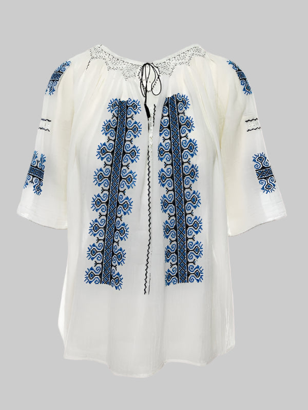 Ie Tradițională Mânecă 3/4 cu Dantelă Ajur și Broderie Bleumarin 'Creasta Cocoșului' Lucrată Manual