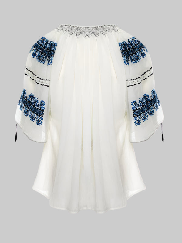 Ie Tradițională Mânecă 3/4 cu Dantelă Ajur și Broderie Bleumarin 'Creasta Cocoșului' Lucrată Manual