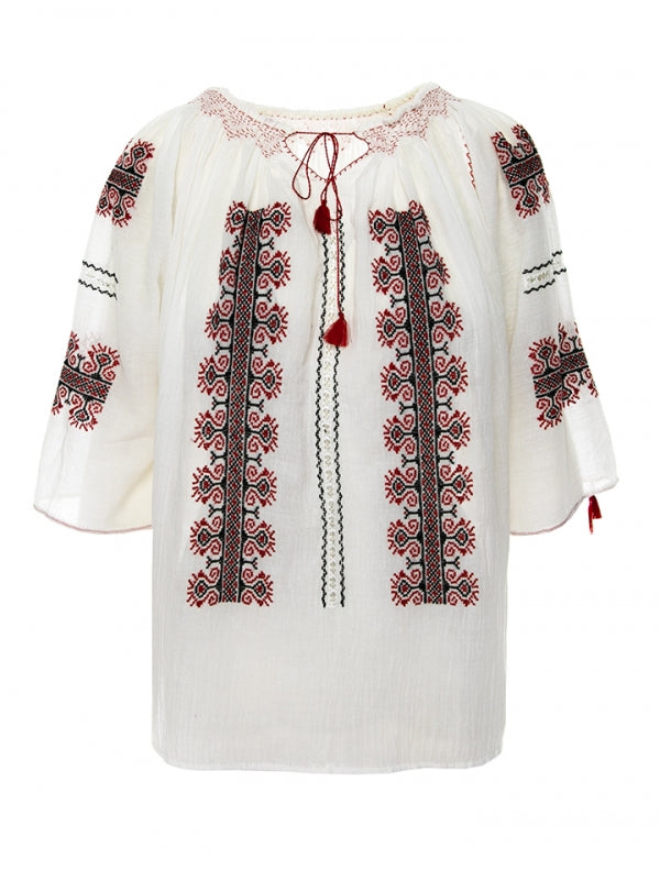 Ie Tradițională Mânecă Scurtă cu Dantelă Ajur și Broderie Roșie 'Creasta Cocoșului' Lucrată Manual