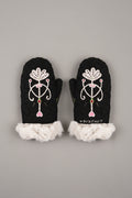 Black mittens with floral design and white lace trim on a white background
