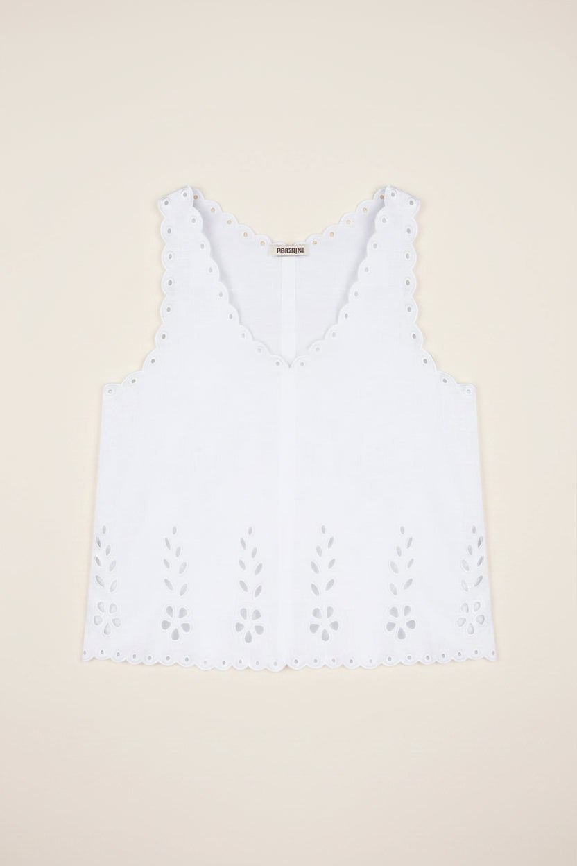 White linen cropped tank top with vytynanka cutout embroidery, Foberini