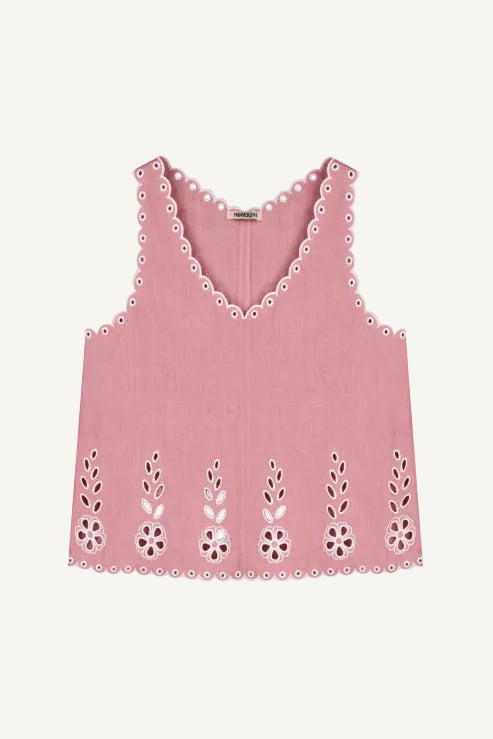 Pink tank top with floral cut-out details on a white background