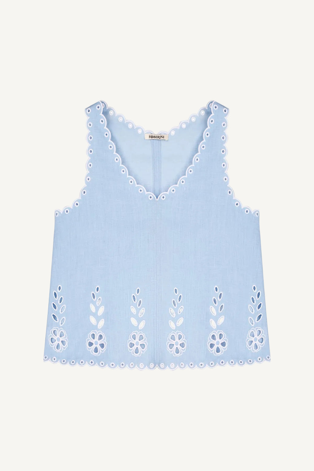 Linen cropped V-neck tank top with vytynanka cutout embroidery, Foberini
