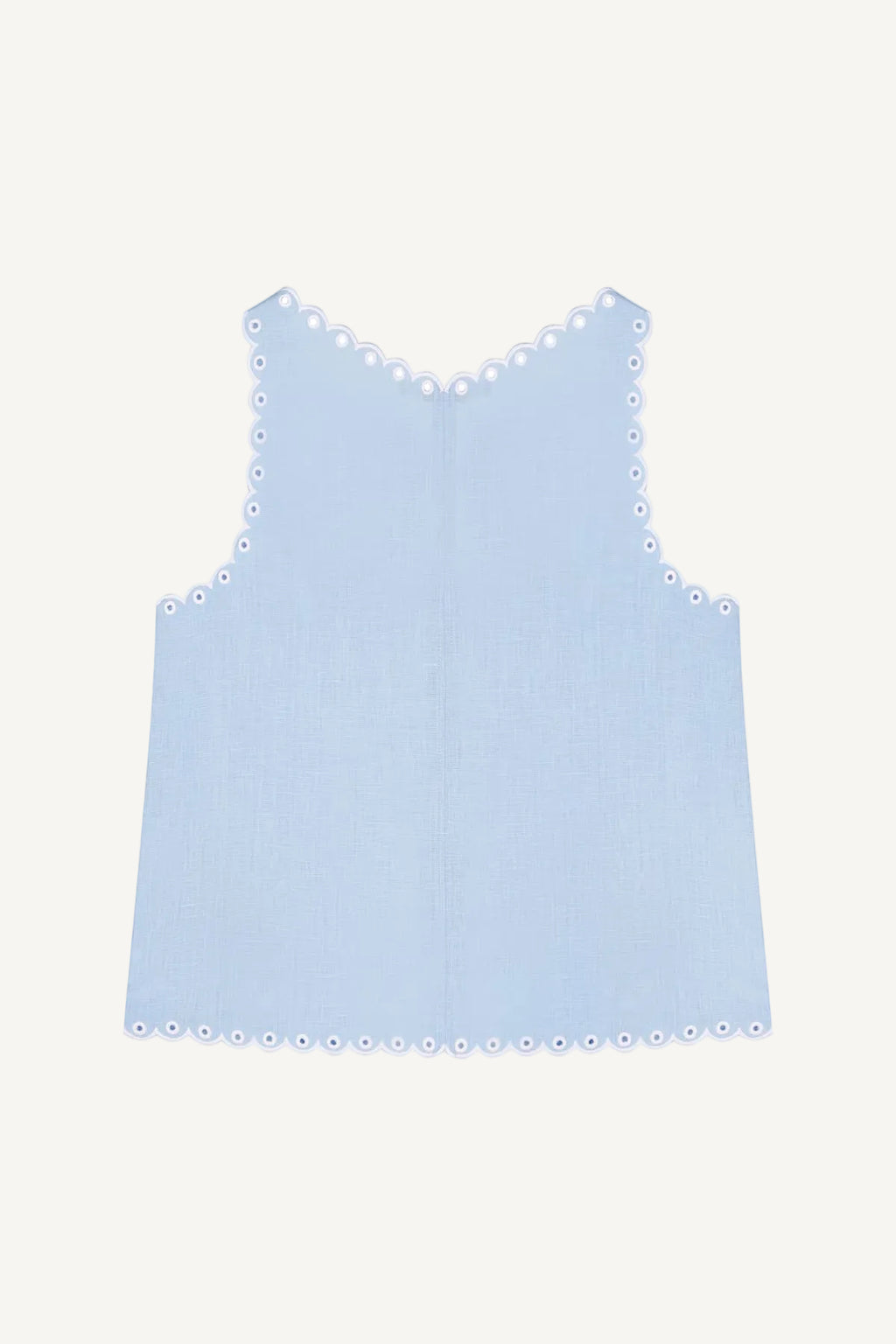 Light blue tank top with white trim on a white background