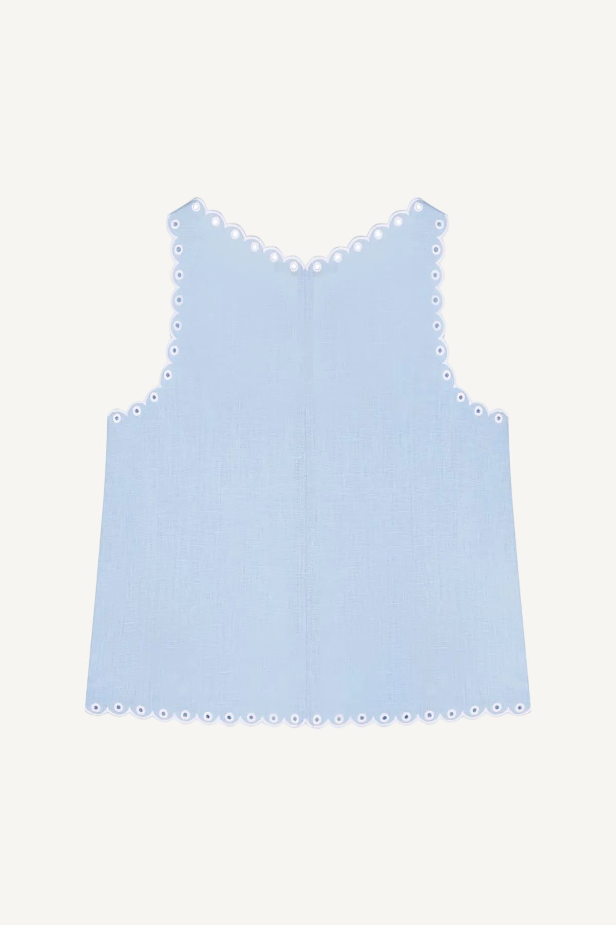 Light blue tank top with white trim on a white background