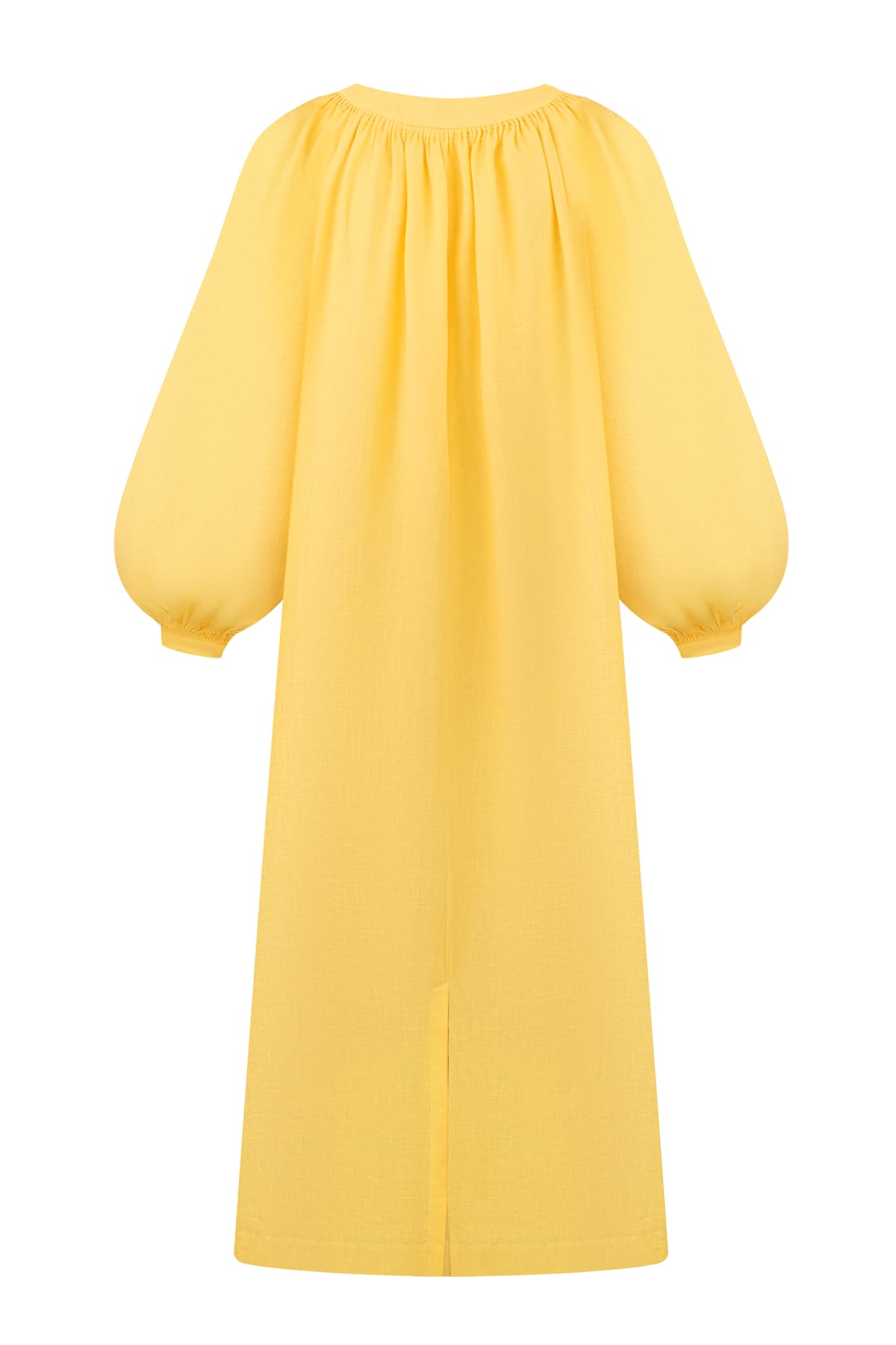 Yellow linen midi dress with balloon sleeves and tassels, Foberini
