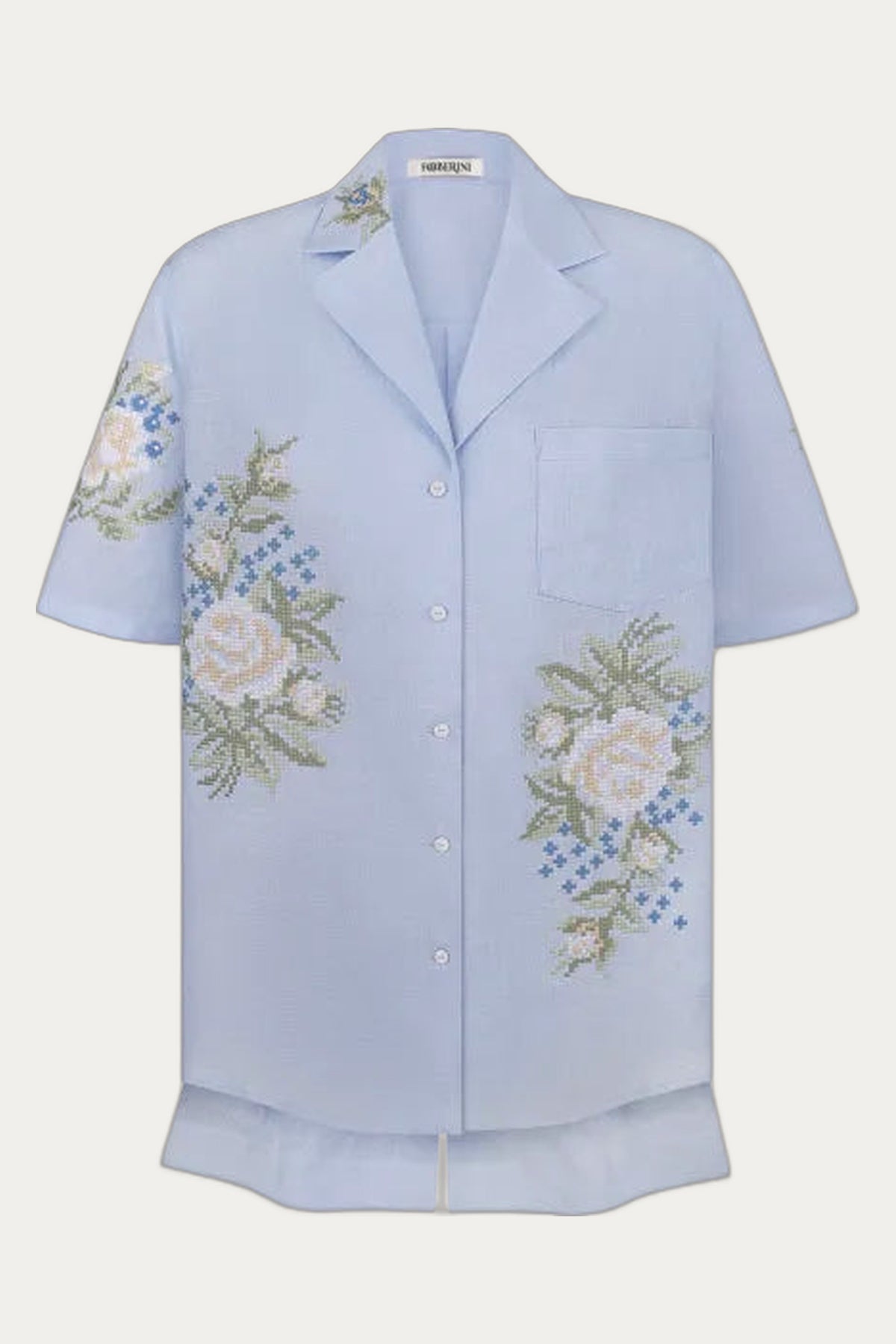 Summer Linen Co-Ord Set in Light Blue — Embroidered Shirt & Shorts, Traditional Floral Cross-stitch by Foberini