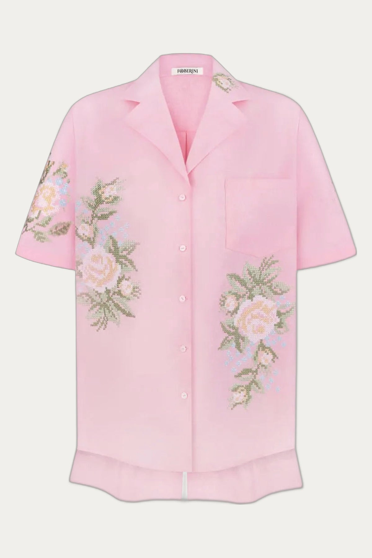 Summer Linen Co-Ord Set in Pink — Embroidered Shirt & Shorts, Traditional Floral Cross-stitch by Foberini