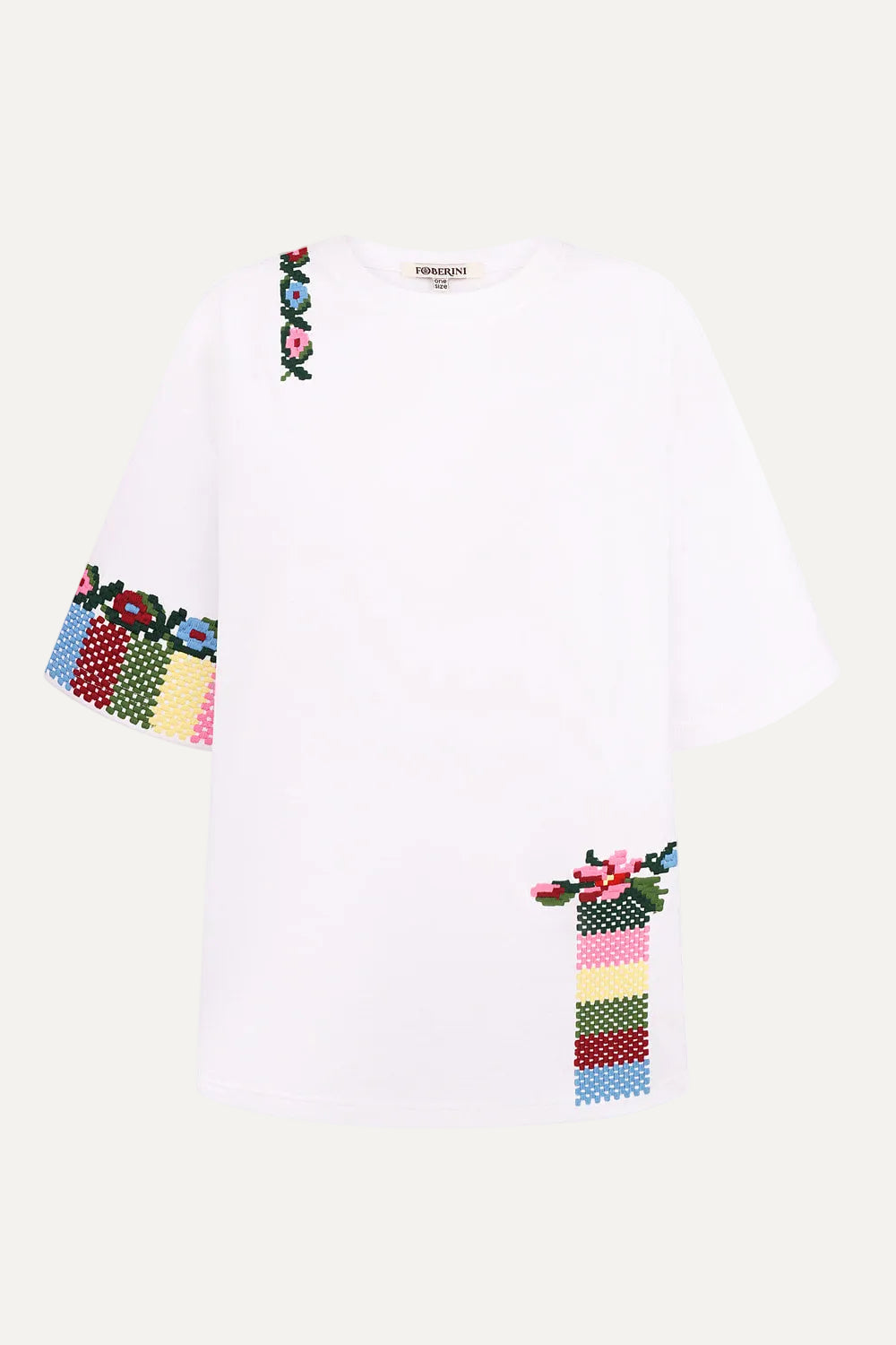 White t-shirt with colorful geometric patterns embroidery