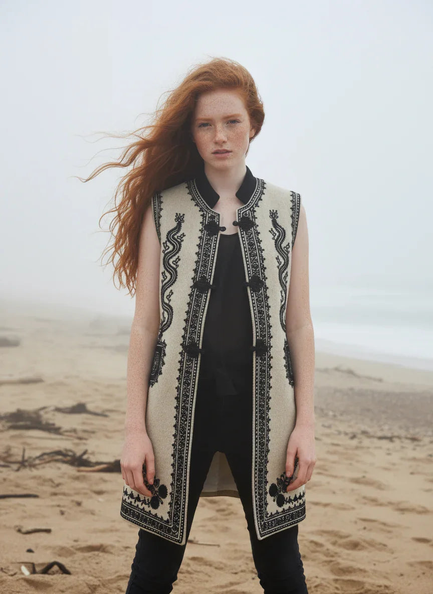 The Artisanal Long Vest No 4 by Ciuncanu Gheorghe styled on model, Blouse Roumaine Shop
