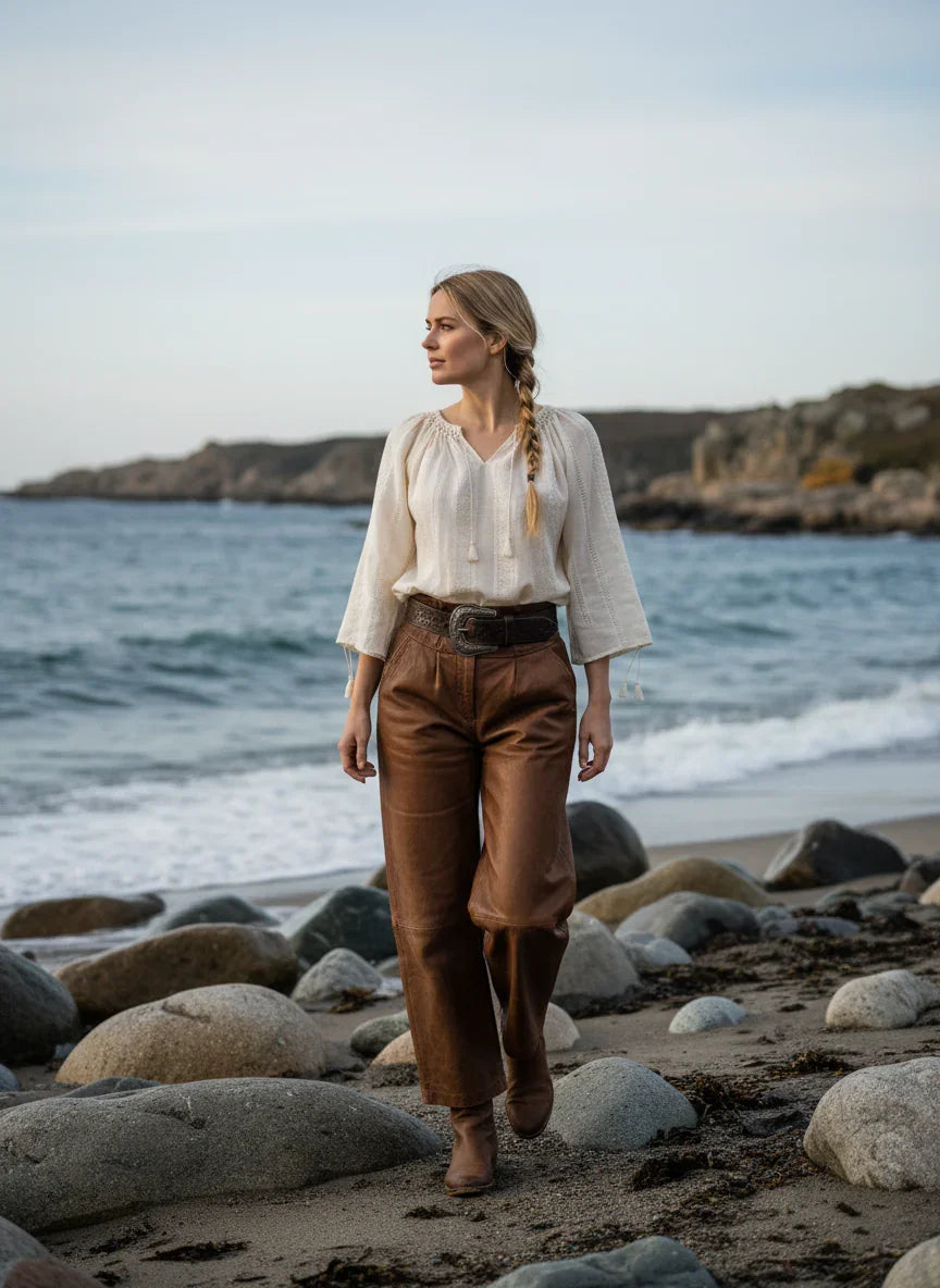 The Handwoven Romanian Blouse in Ivory by Romanian Handloom Craftsmanship styled on model, Blouse Roumaine Shop