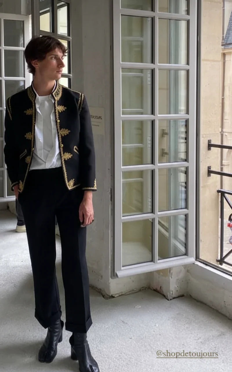 The Heritage Officer Jacket Black Wool Gold Embroidery by Ciuncanu Gheorghe styled on model, Blouse Roumaine Shop