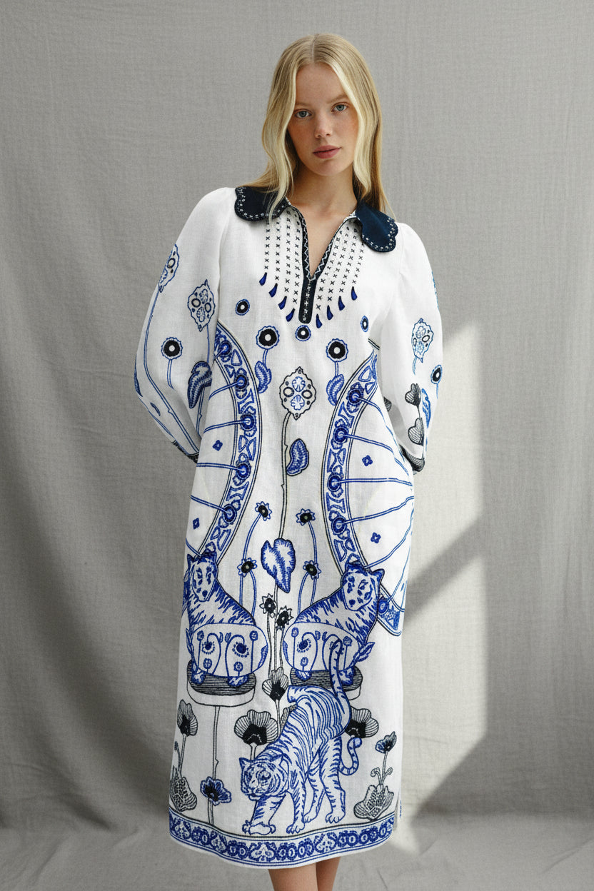 Tiger Burning Bright Linen Midi Dress – Hand-Embroidered Vyshyvanka