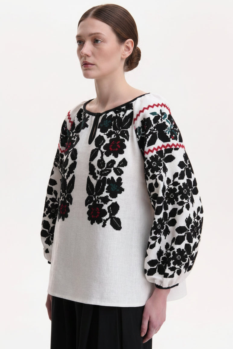 Women’s natural-fabric blouse with traditional hand embroiderywoman  long-sleeve blouse with black floral embroidery and red accents Blouse Roumaine Shop