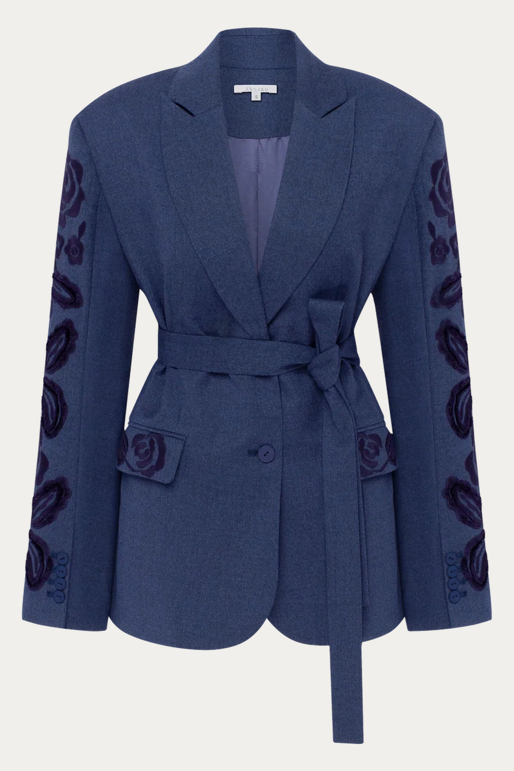 Velvet Rose Embroidered Wool Blazer – Steel Blue by ANNABO
