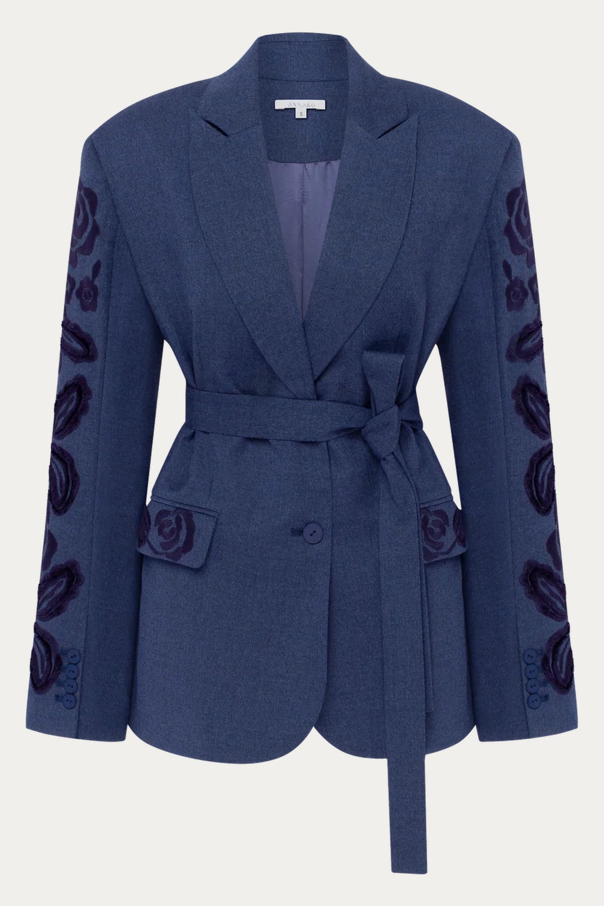 Velvet Rose Embroidered Wool Blazer – Steel Blue by ANNABO
