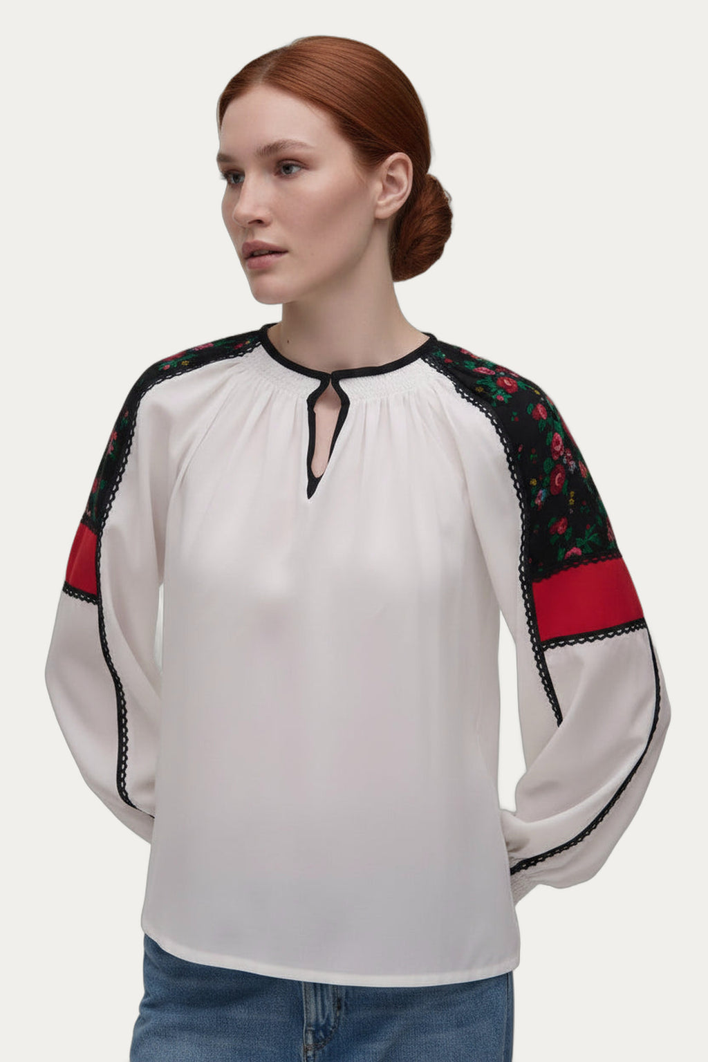 White Blouse with Shalianka Folk Fabric Panels by Koza Dereza