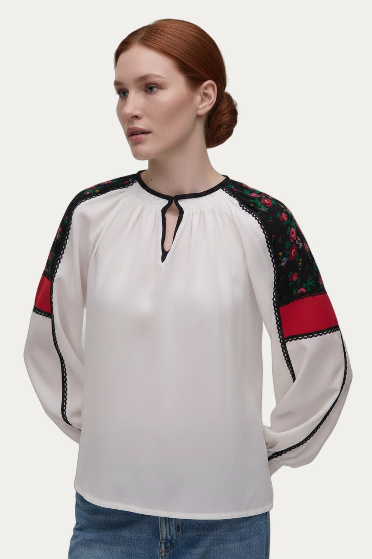 White Blouse with Shalianka Folk Fabric Panels by Koza Dereza