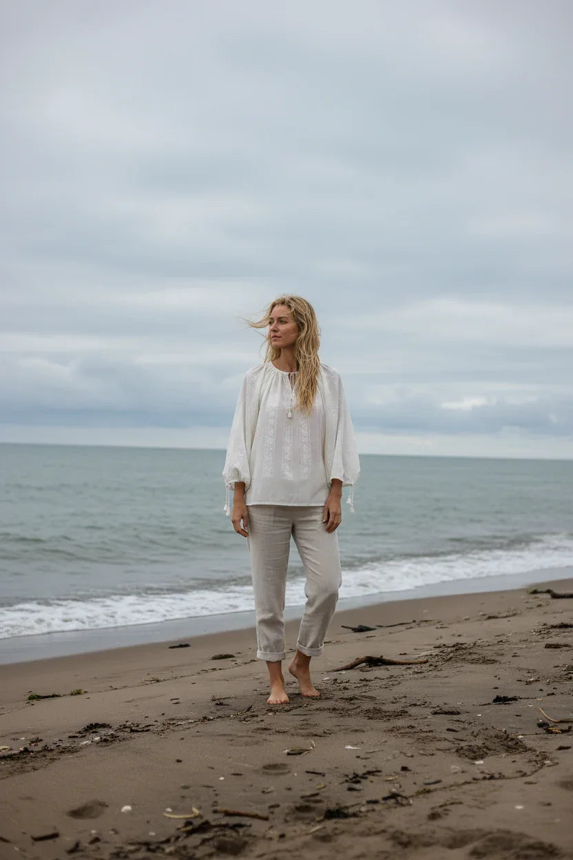 White Handwoven Romanian Blouse Ie by Romanian Handloom Craftsmanship styled on model, Blouse Roumaine Shop