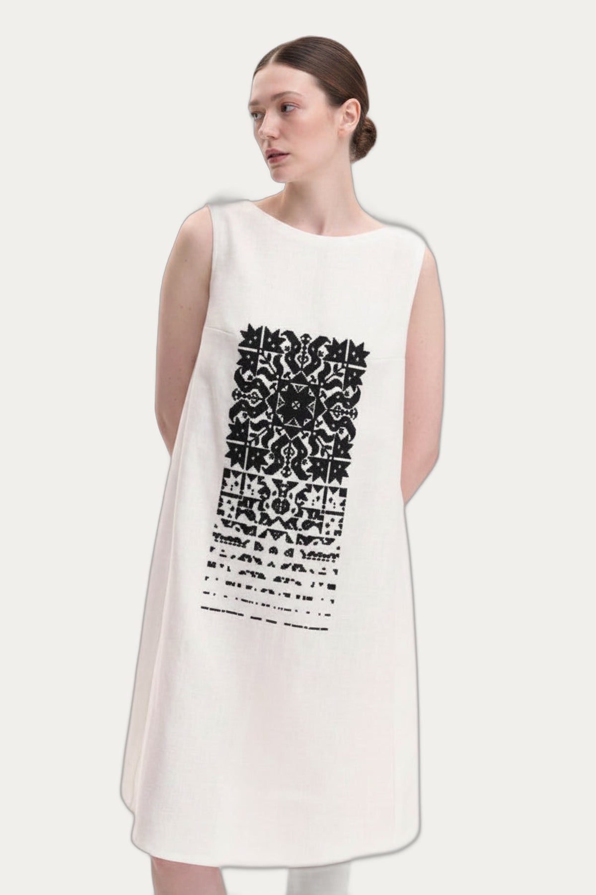 White Linen Dress, Ukrainian Hand Embroidery, Solar Star Motif by Koza Dereza