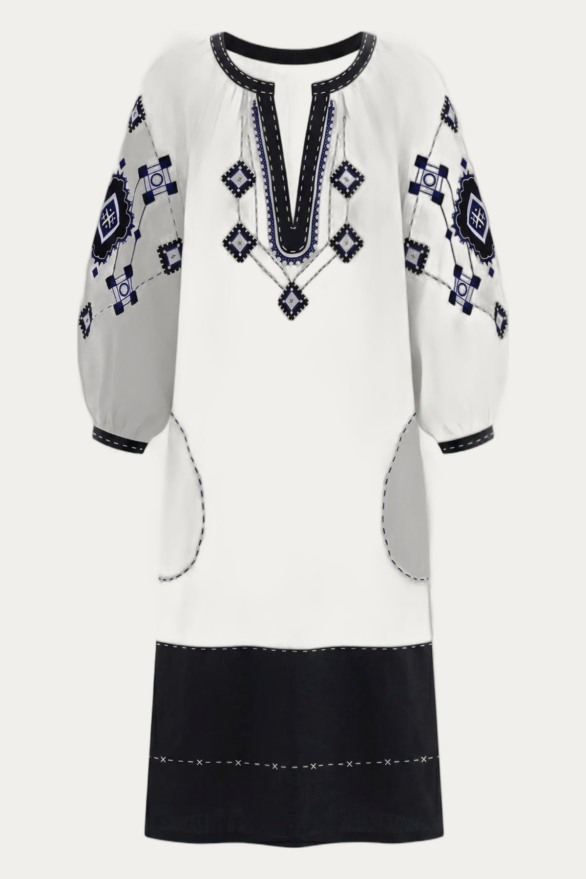 White linen dress with blue embroidery Ozima My Sleeping Gypsy by My Sleeping Gypsy