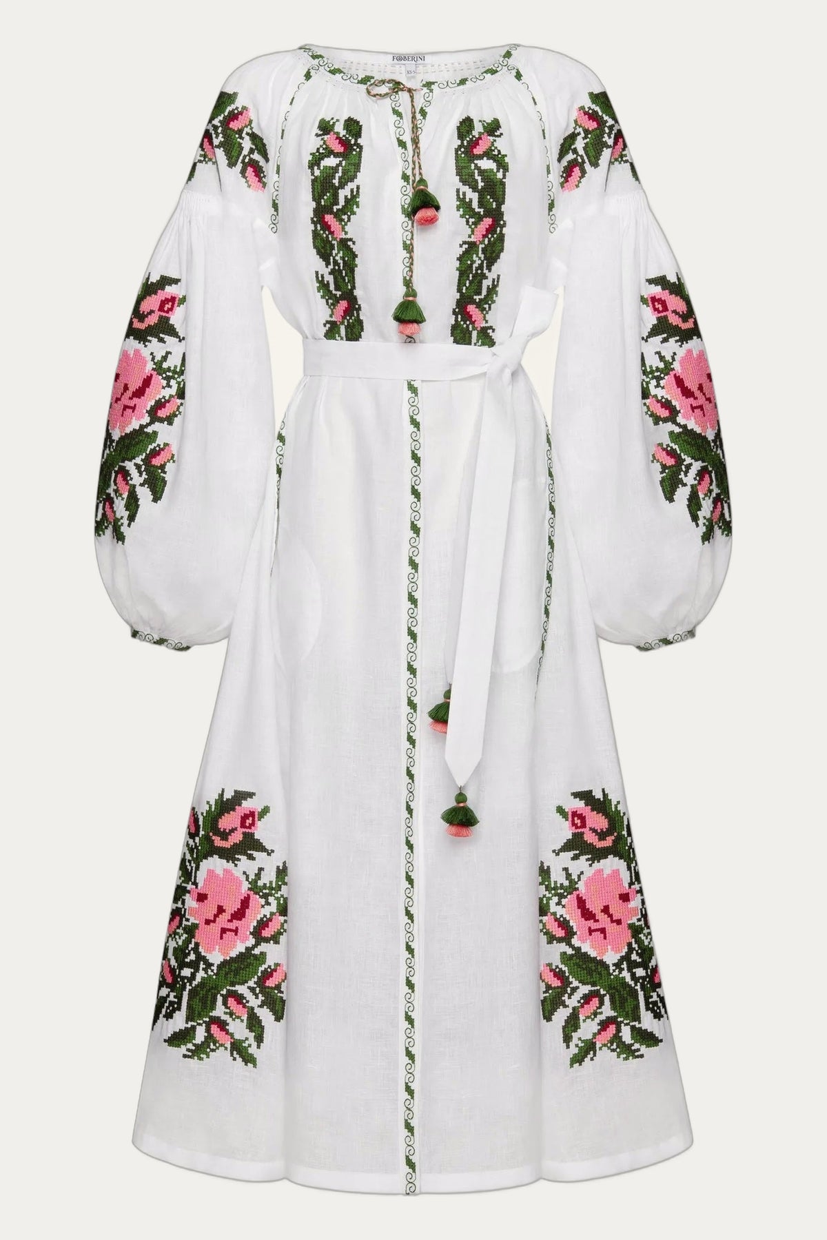 White linen dress with intricate floral cross-stitch embroidery Claire Chic by Foberini