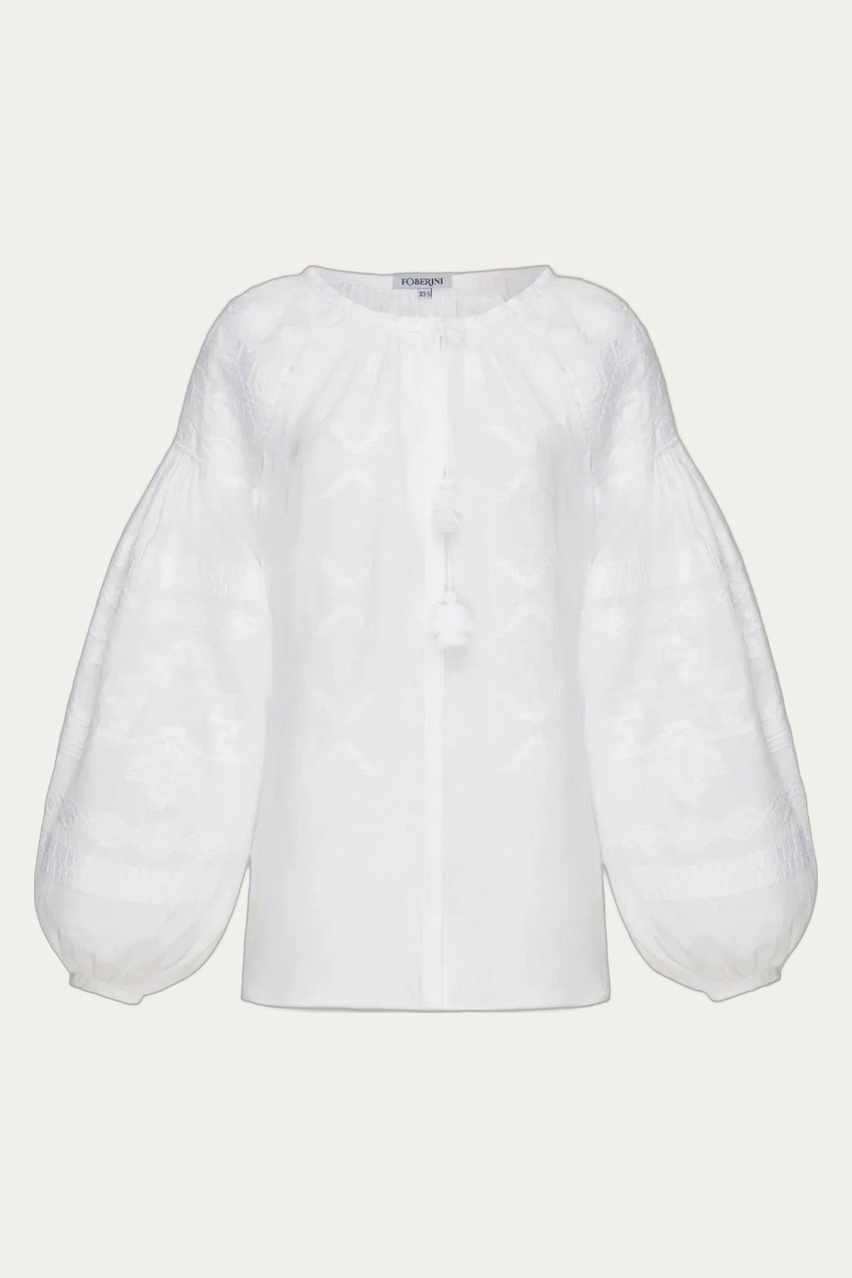 White linen embroidered puff sleeved blouse geometric motifs Tina by Foberini