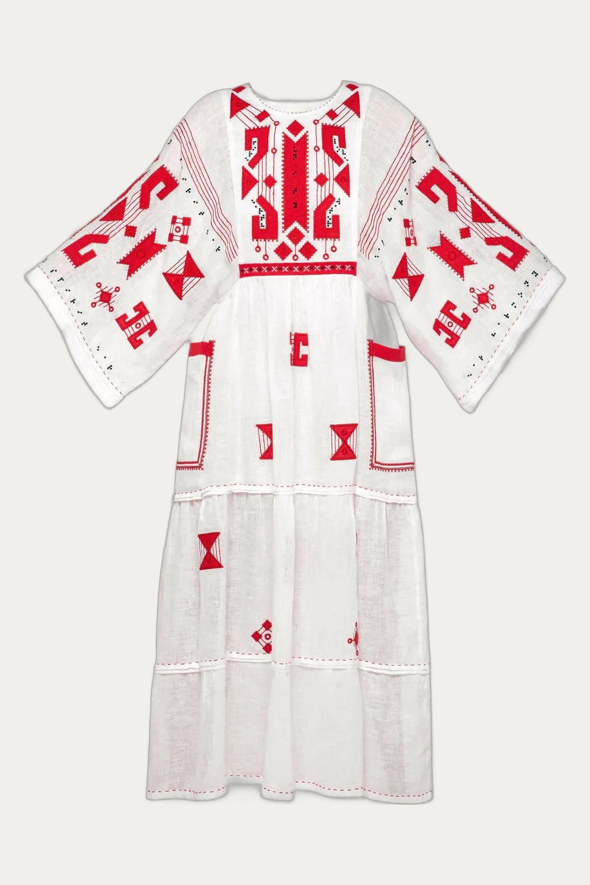 White Linen Long Dress with Red Geometric Embroidery Braille My Sleeping Gypsy by My Sleeping Gypsy