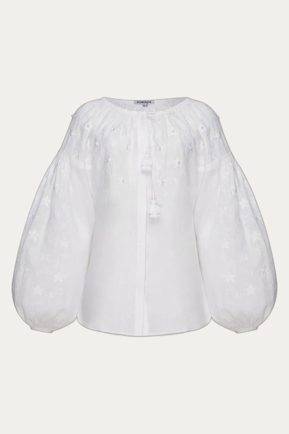 White linen pearl beads hand embroidered bohemian puff peasant sleeves blouse by Foberini