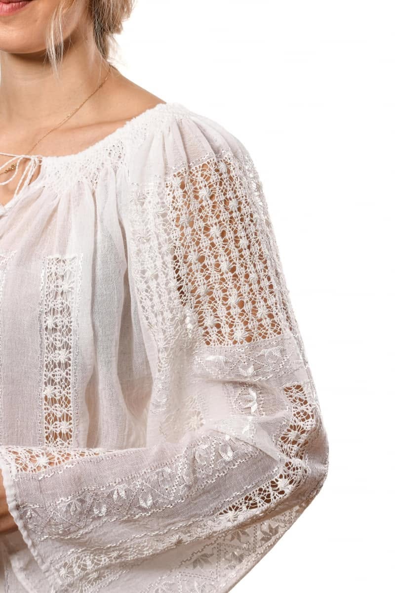 Close-up of a white blouse with intricate lace detailing on a white background