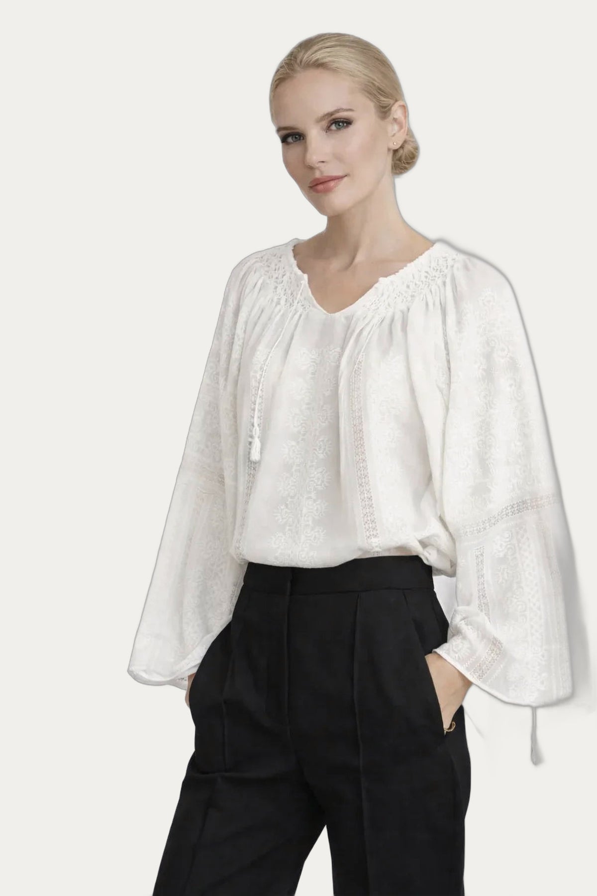 White Ram’s Horn motif hand cross-stitched silk and cotton blouse with ajour embroidery