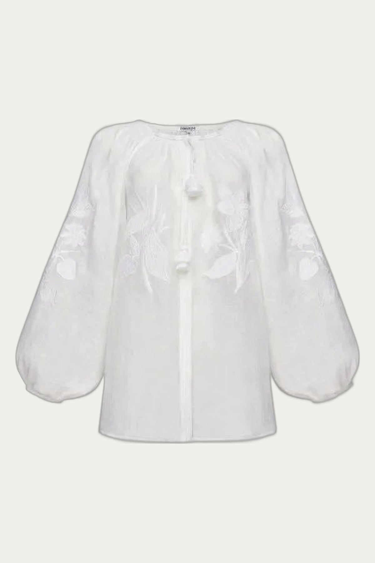 White Tonal-Embroidered Linen Blouse with Voluminous Sleeves Eden