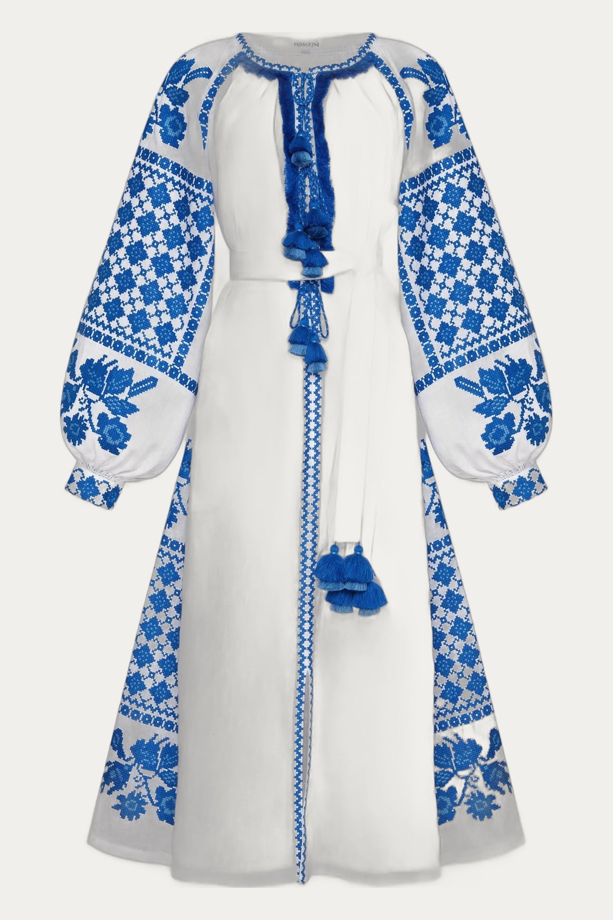 White Ukrainian Embroidered Midi Dress with Authentic Blue Cross-Stitch by Foberini