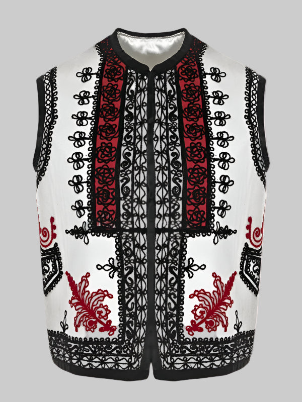 Vestă Scurtă Albă din Lână și Cașmir cu Broderie Negru-Roșu, Lucrată Manual de Artizani Români (03)