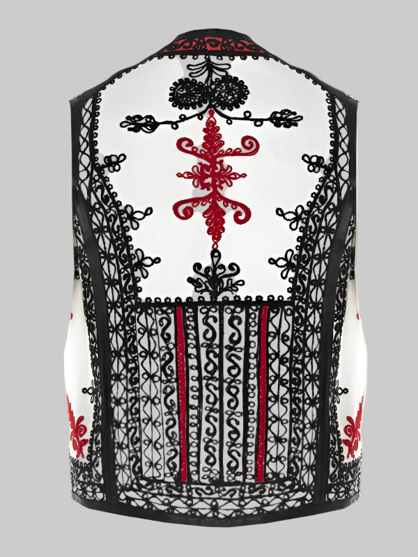 Vestă Scurtă Albă din Lână și Cașmir cu Broderie Negru-Roșu, Lucrată Manual de Artizani Români (03)