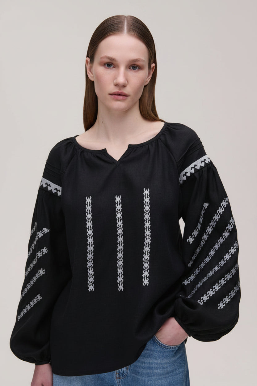 Women's black linen embroidered blouse with Podillia geometric motifs, round neck and gathered sleeves – Podilliya by Koza Dereza for BLOUSEROUMAINE SHOP