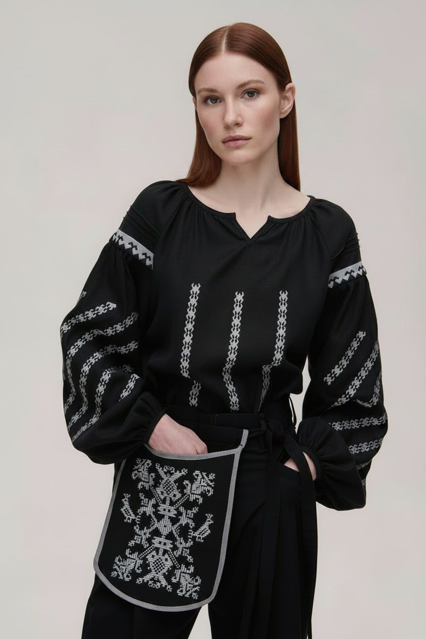 Women's black linen embroidered blouse with Podillia geometric motifs, round neck and gathered sleeves – Podilliya Blouse Roumaine Shop Koza dereza
