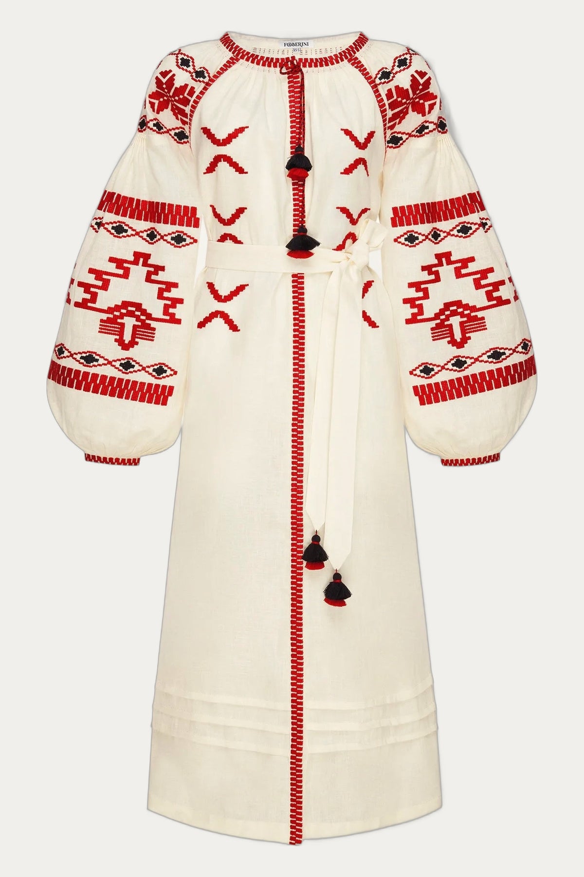 Women Cream Linen Embroidered Midi Dress with Red geometric motifts Tine by Foberini