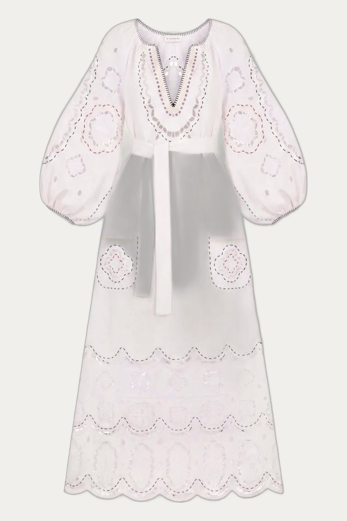 Women's Embroidered White Linen Maxi Dress Merezhivo – 24K Gold & Silver Beads by My Sleeping Gypsy