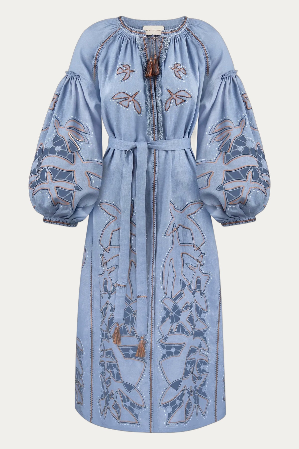 Women's Flying Home Blue Linen Dress – Cutwork Embroidery Beads