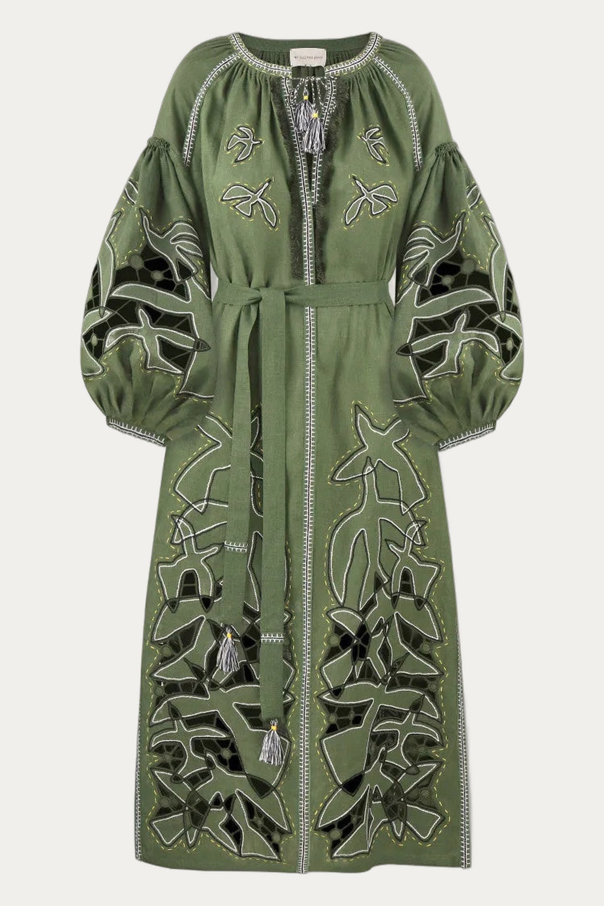 Women's long linen cutwork embroidered midi dress Flying Home by My Sleeping Gypsy