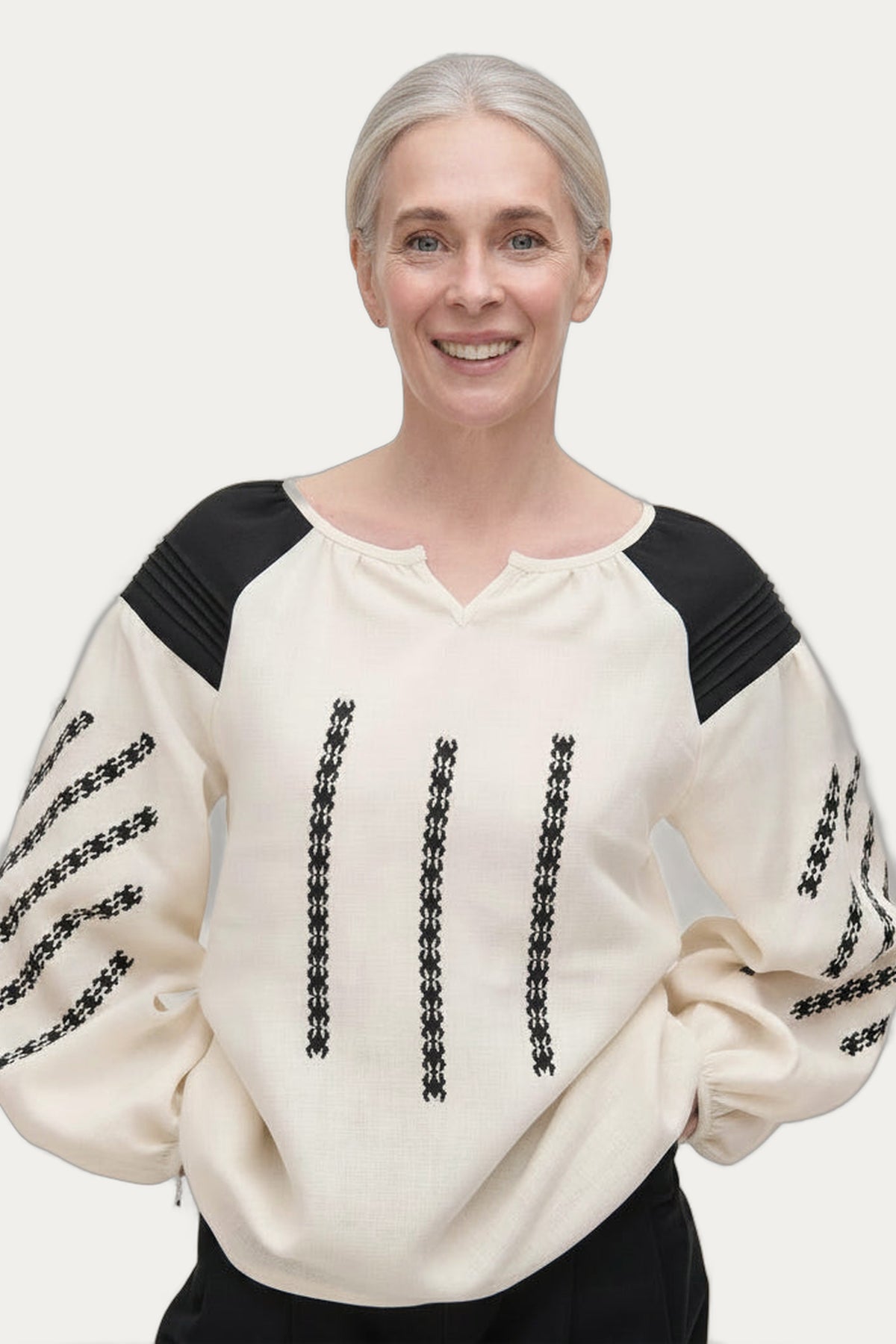 Women's Podilliya Ecru Linen Peasant Blouse – Puff Sleeve Embroidery