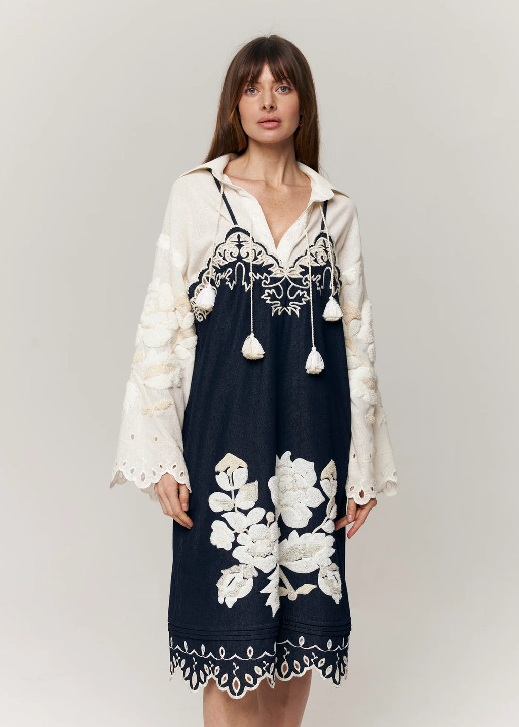 Embroidered Denim Midi Slipdress 'Amber Rose'