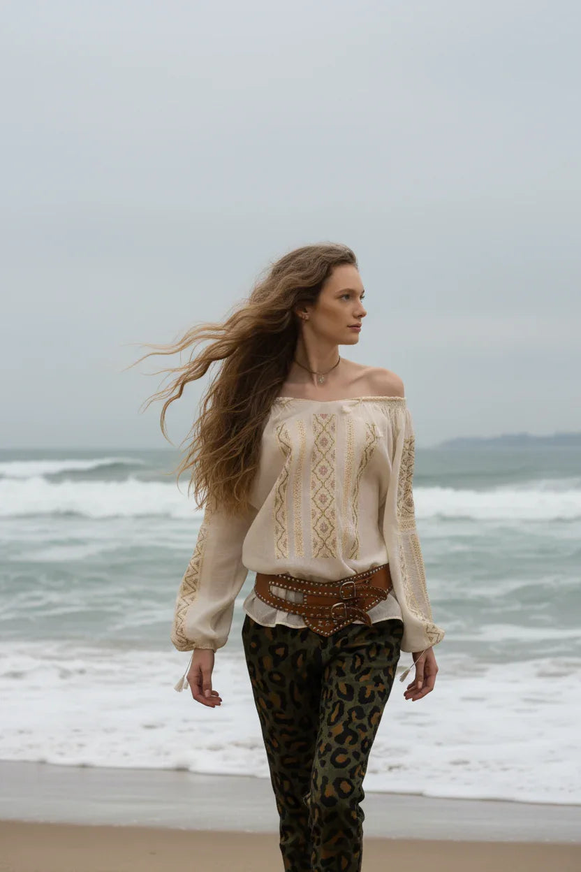Yvoire Romanian Peasant Blouse Ie Sheer Cotton Voile by Blouse Roumaine styled on model, Blouse Roumaine Shop