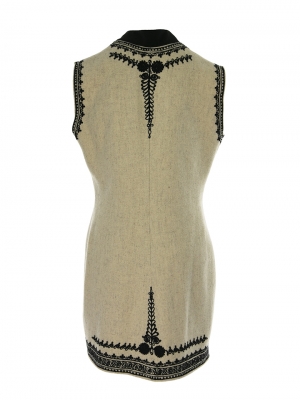 Ecru Wool & Cashmere Long Vest with Black Embroidery, Handcrafted by Authentic Romanian Artisans 04