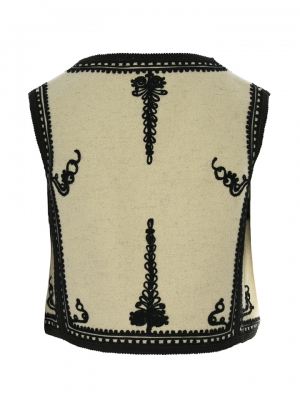 Ecru Wool & Cashmere Short Vest with Black Embroidery, Handcrafted by Authentic Romanian Artisans 03